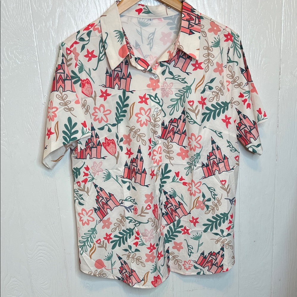 Women's Floral Disney Castle Print Shirt L